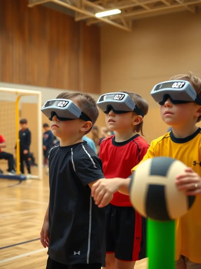 A photo of children with visual impairments participating in a goalball match, showcasing teamwork and determination.