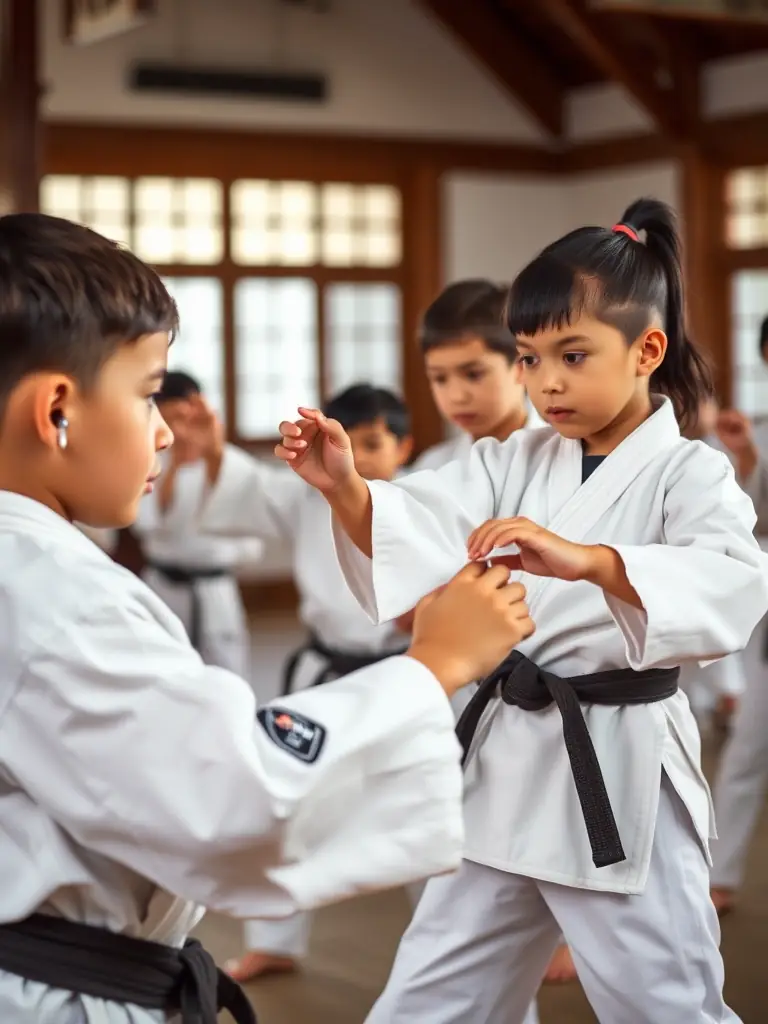 A group of children with auditory disabilities learning martial arts techniques, emphasizing focus and discipline.