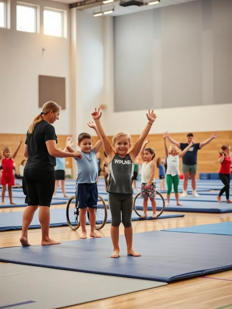 An image of participants with various disabilities engaging in a gymnastics session, demonstrating flexibility and coordination.