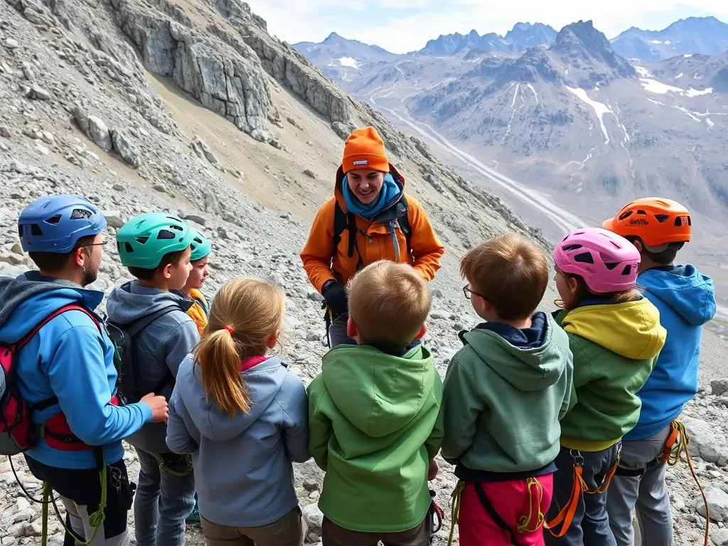 A group of children and adults participating in a mountain safety workshop with guides in the Alps, demonstrating practical skills and knowledge.