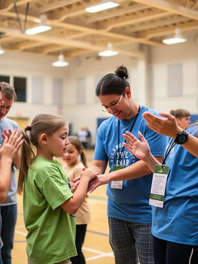 A photograph of volunteers assisting participants with auditory disabilities during a sports activity at ASS JEUNESSE SPORT LA GARDE, showcasing the organization's commitment to support.
