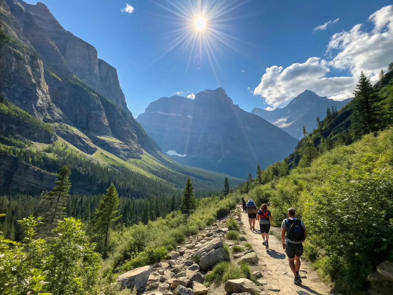 A group of hikers traversing a rocky mountain path during a guided hiking tour organized by the French Alpine Club, showcasing the beauty of the Guillestrois and Queyras region.