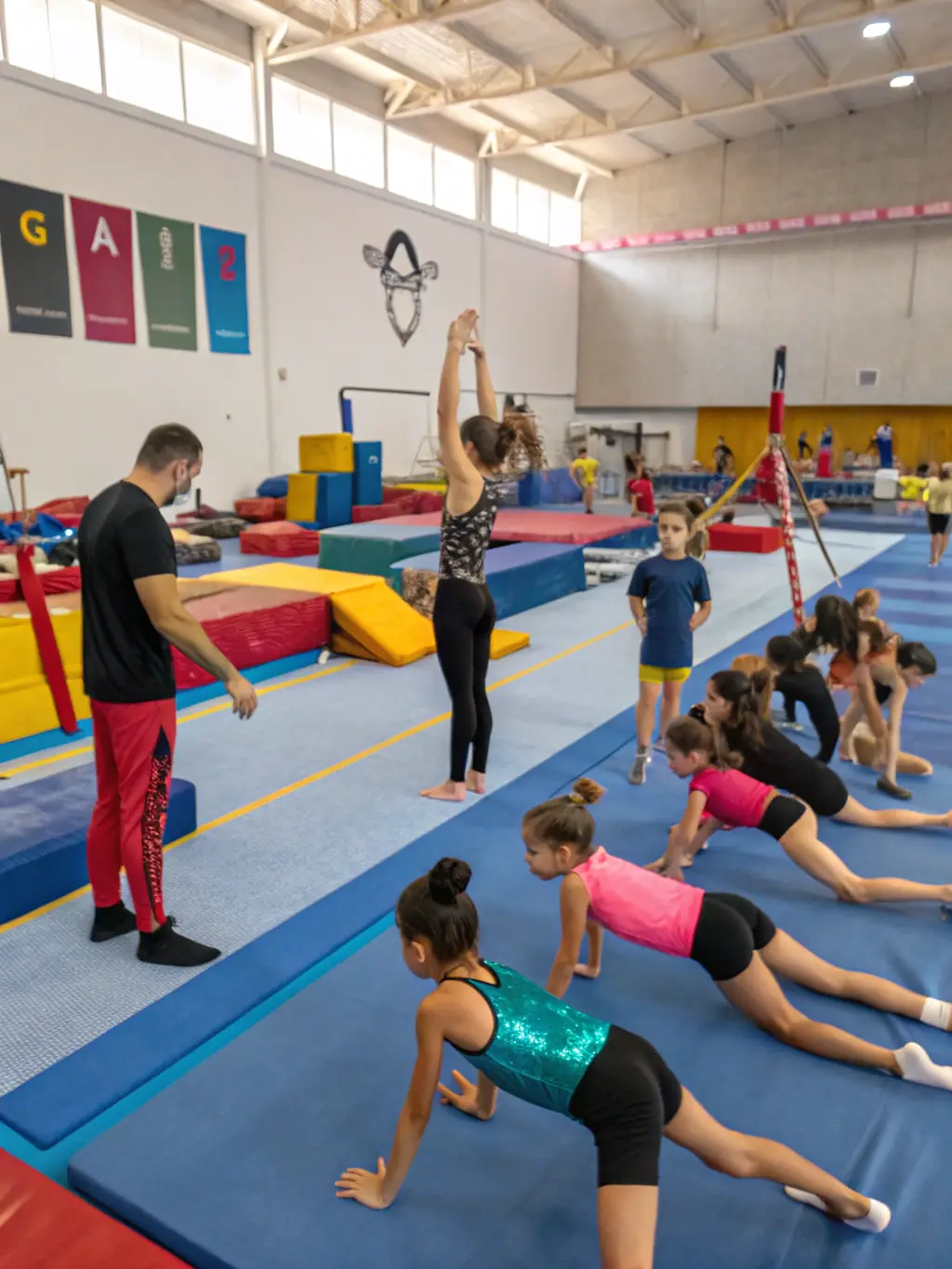 A photograph of children participating in a gymnastics class, with some using adaptive equipment, showcasing inclusivity and active engagement.