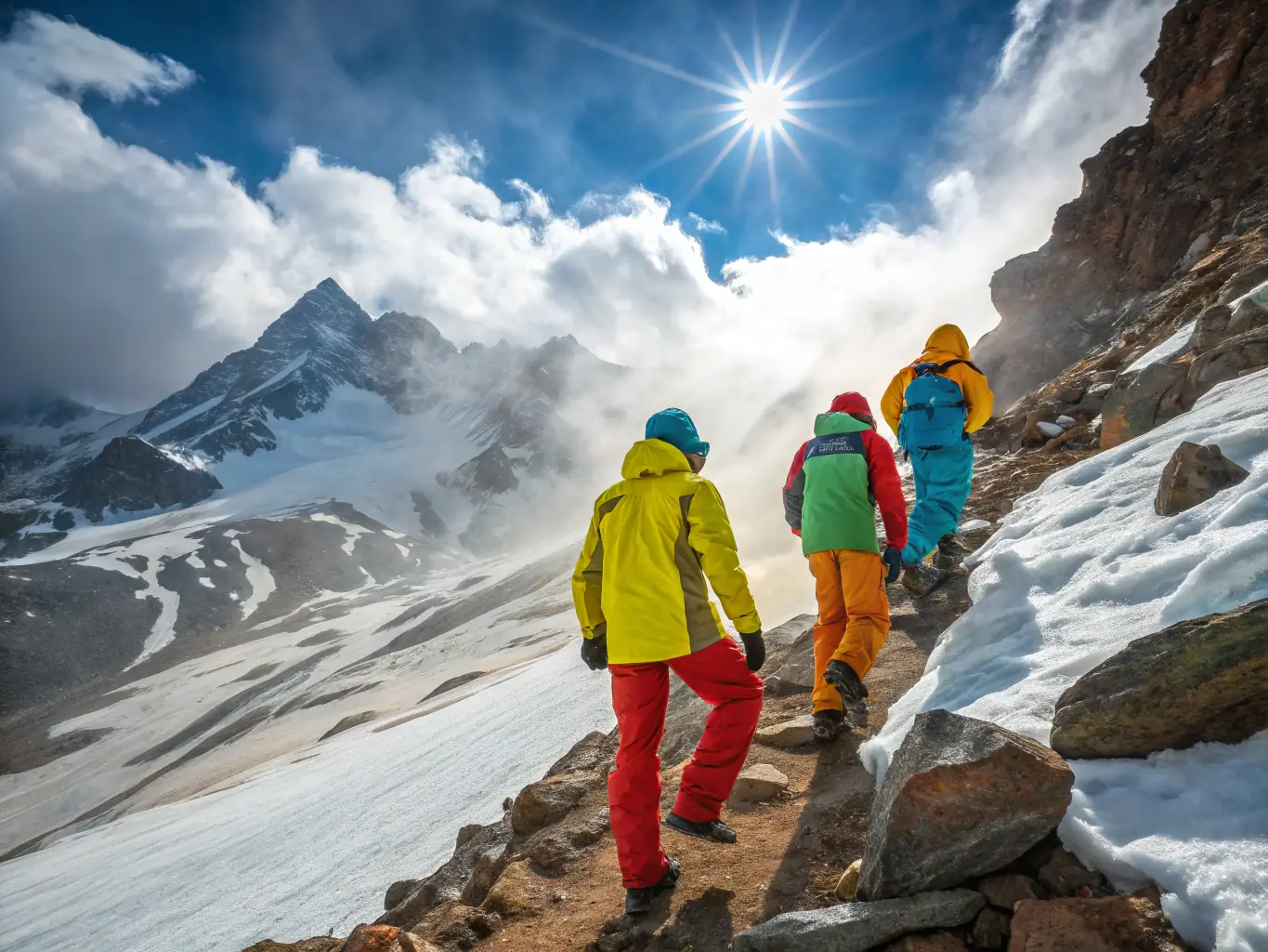 A team of mountaineers ascending a snow-covered peak, equipped with ropes and ice axes, during a mountaineering expedition organized by the French Alpine Club.
