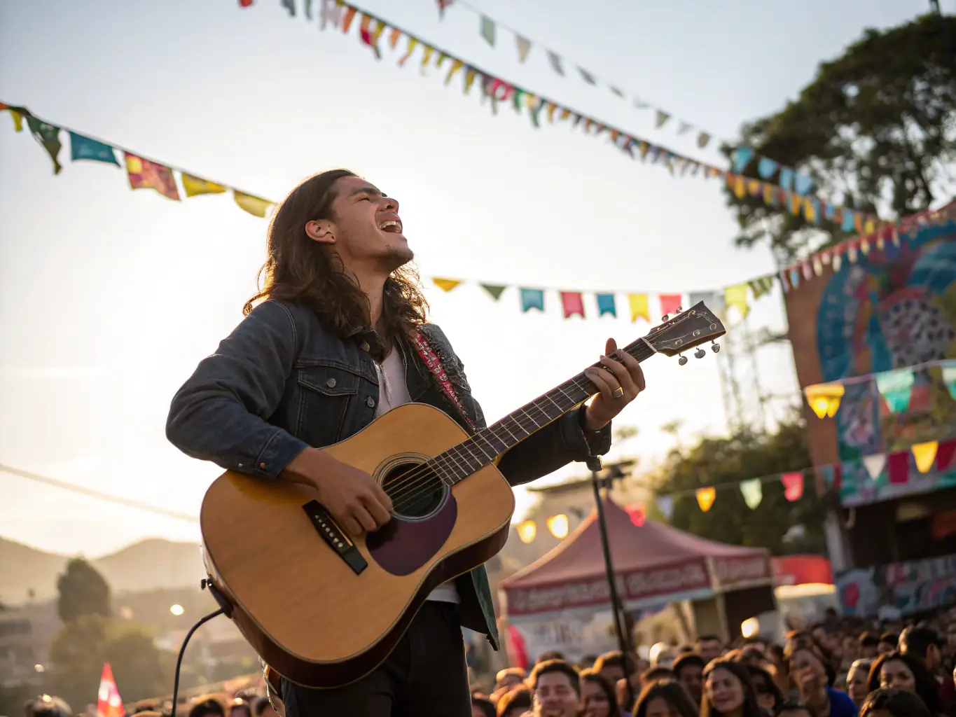 A vibrant image depicting a local musician performing on stage during a LUCANE MUSIQUES-sponsored event, showcasing the organization's support for local talent.