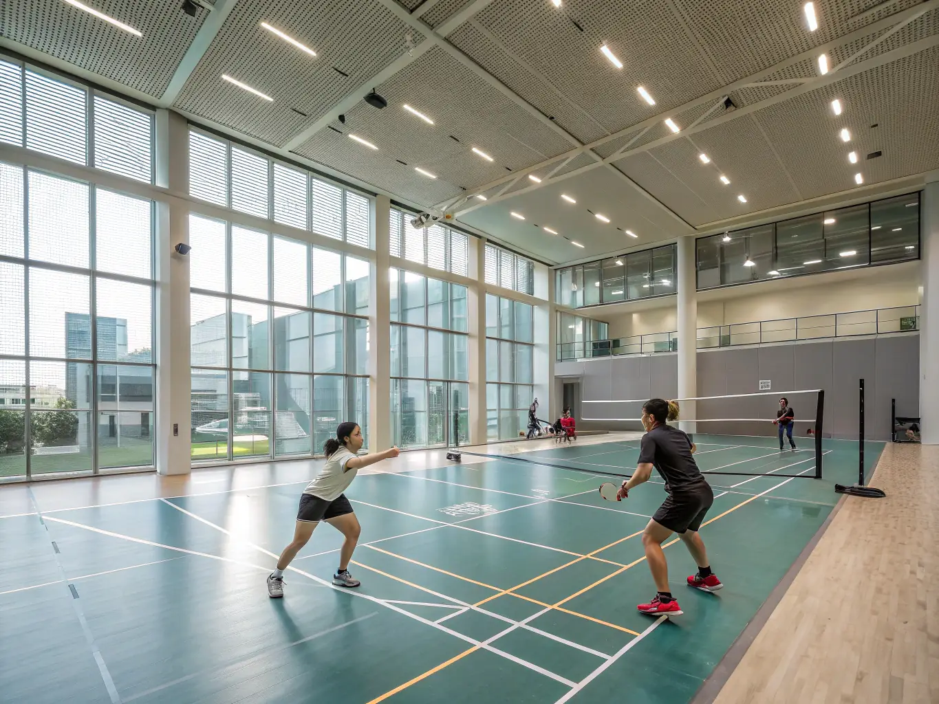 An action shot of adult players competing in a badminton tournament at the Tennis Club de Houilles, showcasing intensity and skill.