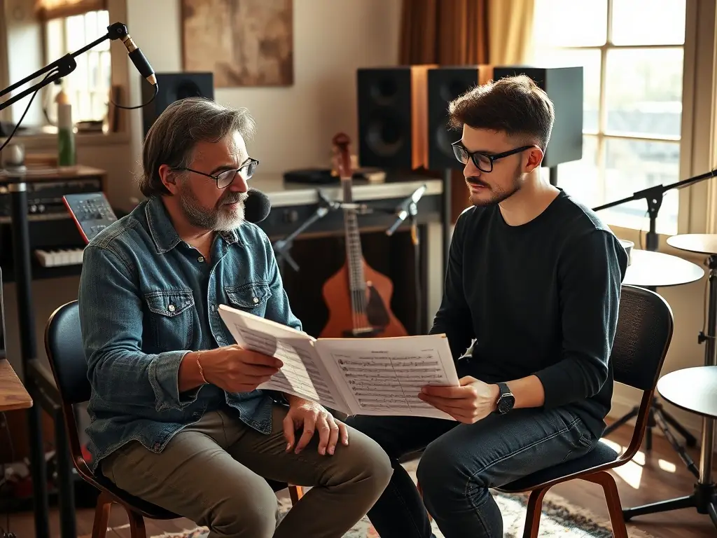 A photograph of a workshop session from the Local Musician Support Program, featuring a mentor guiding a young musician, highlighting the program's focus on nurturing emerging talent.