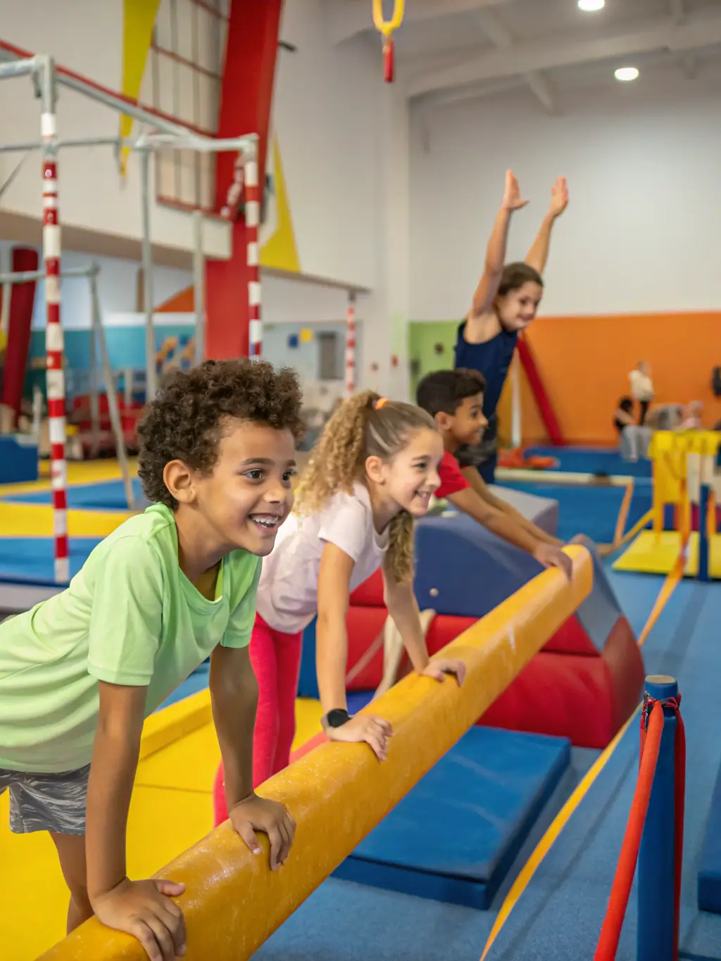 A vibrant image of children with and without disabilities participating together in a gymnastics session at ASS JEUNESSE SPORT LA GARDE, emphasizing teamwork and fun.