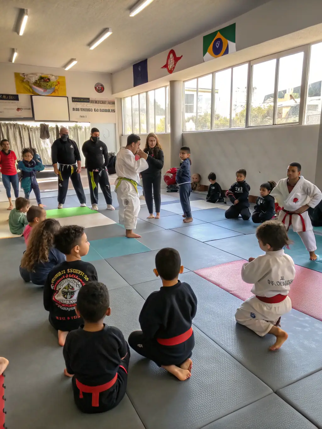 A photograph capturing a diverse group of children participating in a martial arts class at ASS JEUNESSE SPORT LA GARDE, showcasing inclusivity and active engagement.