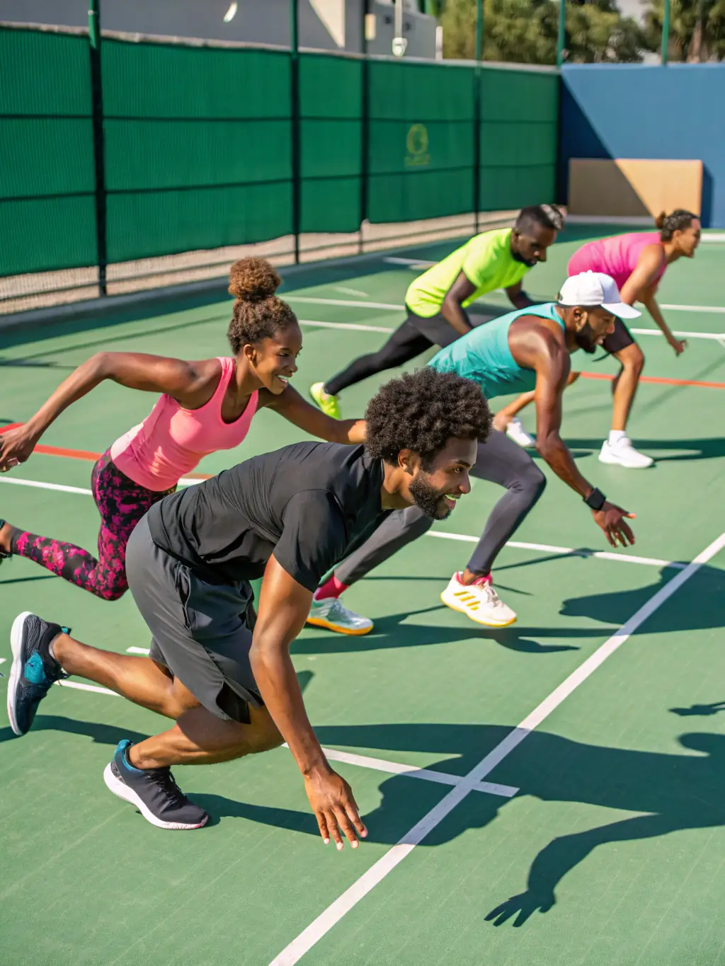 A diverse group of adults participating in a tennis clinic at Tennis Club de Houilles, with a focus on improving their skills and enjoying the sport.