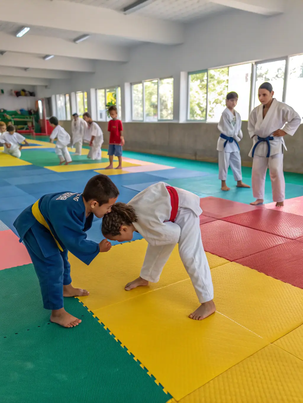 A photograph of children participating in a martial arts class, with some using adaptive equipment, showcasing inclusivity and active engagement.