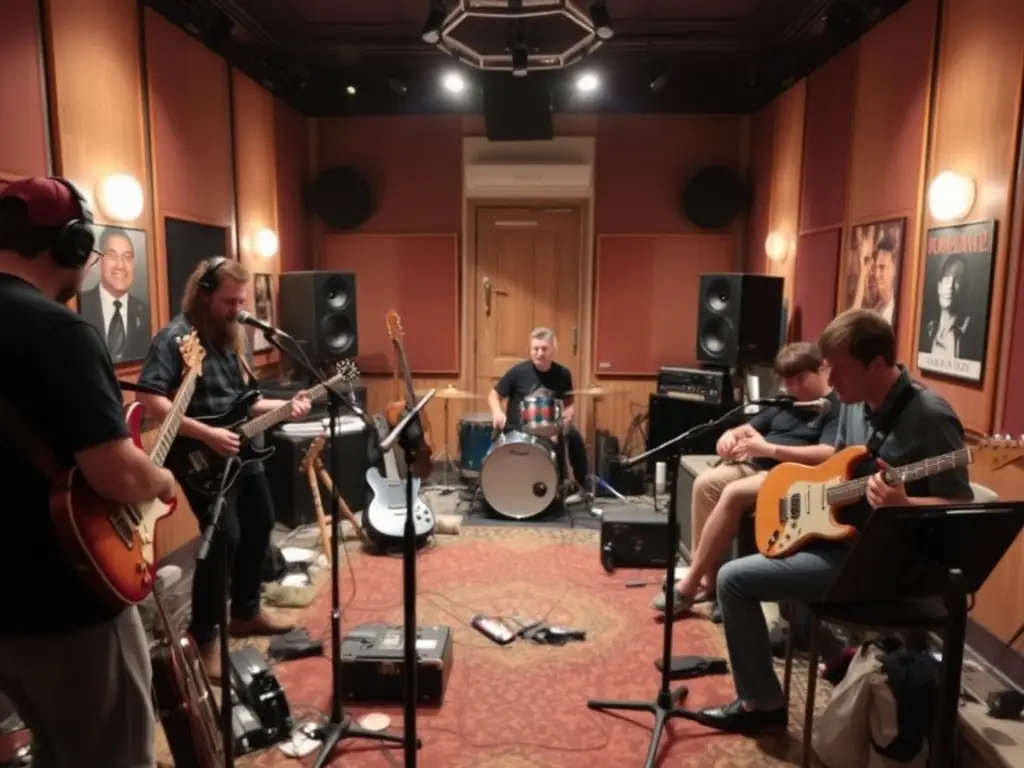 A dynamic image of a collaborative music project, showing musicians from diverse backgrounds working together in a studio, symbolizing Lucane Musiques' commitment to fostering artistic collaborations.