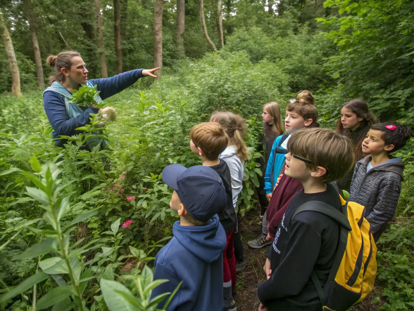 A group of young students participating in an outdoor education program, learning about alpine ecology and conservation from instructors of the French Alpine Club.