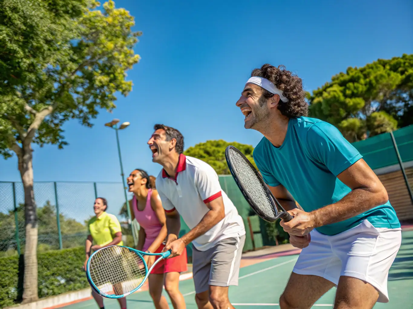 A photograph of senior members participating in a friendly tennis match, emphasizing the club's inclusive and multigenerational atmosphere.