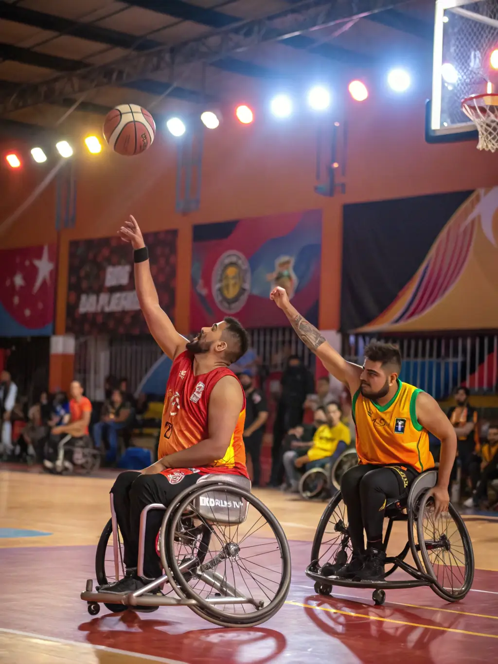 A dynamic image of athletes with physical disabilities competing in a wheelchair basketball game, highlighting their agility and competitive spirit.