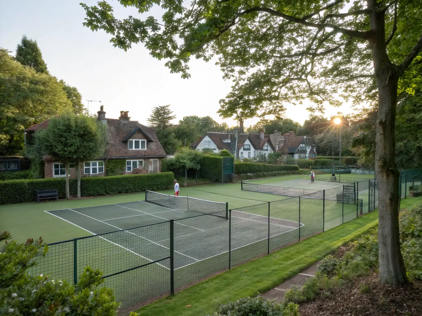 A dynamic image showing young children participating in a beginner's tennis lesson on a sunny court, with a coach providing guidance.