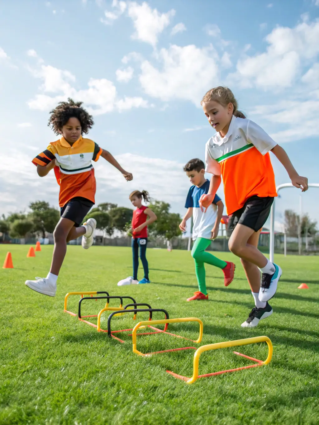 A photograph of children participating in an athletics class, with some using adaptive equipment, showcasing inclusivity and active engagement.