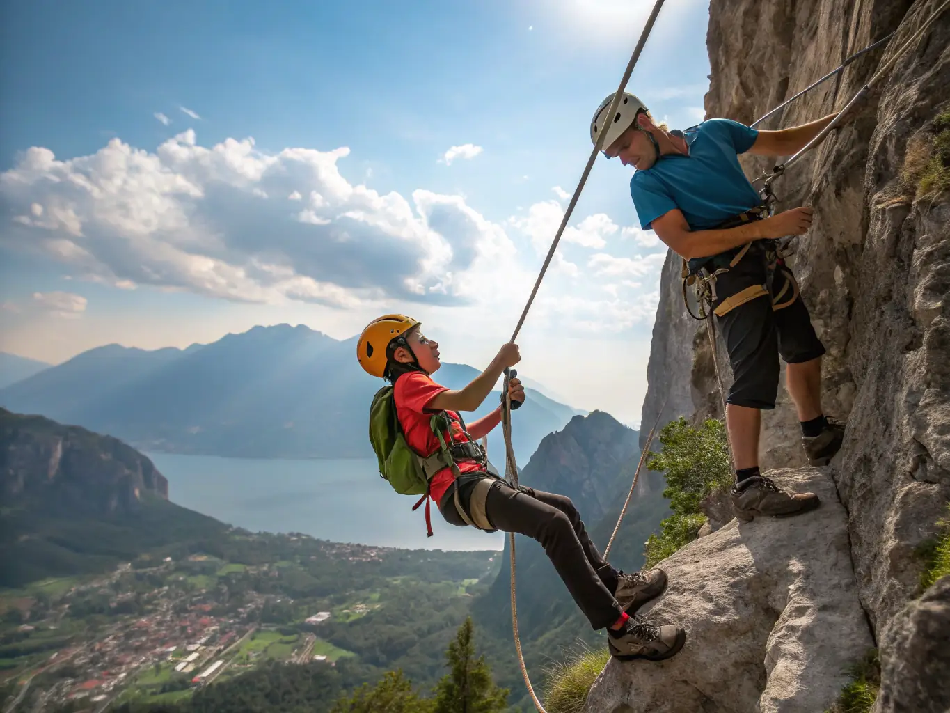 A group of club members rappelling down a rocky cliff face during a mountaineering excursion in the French Alps, showcasing teamwork and adventure.