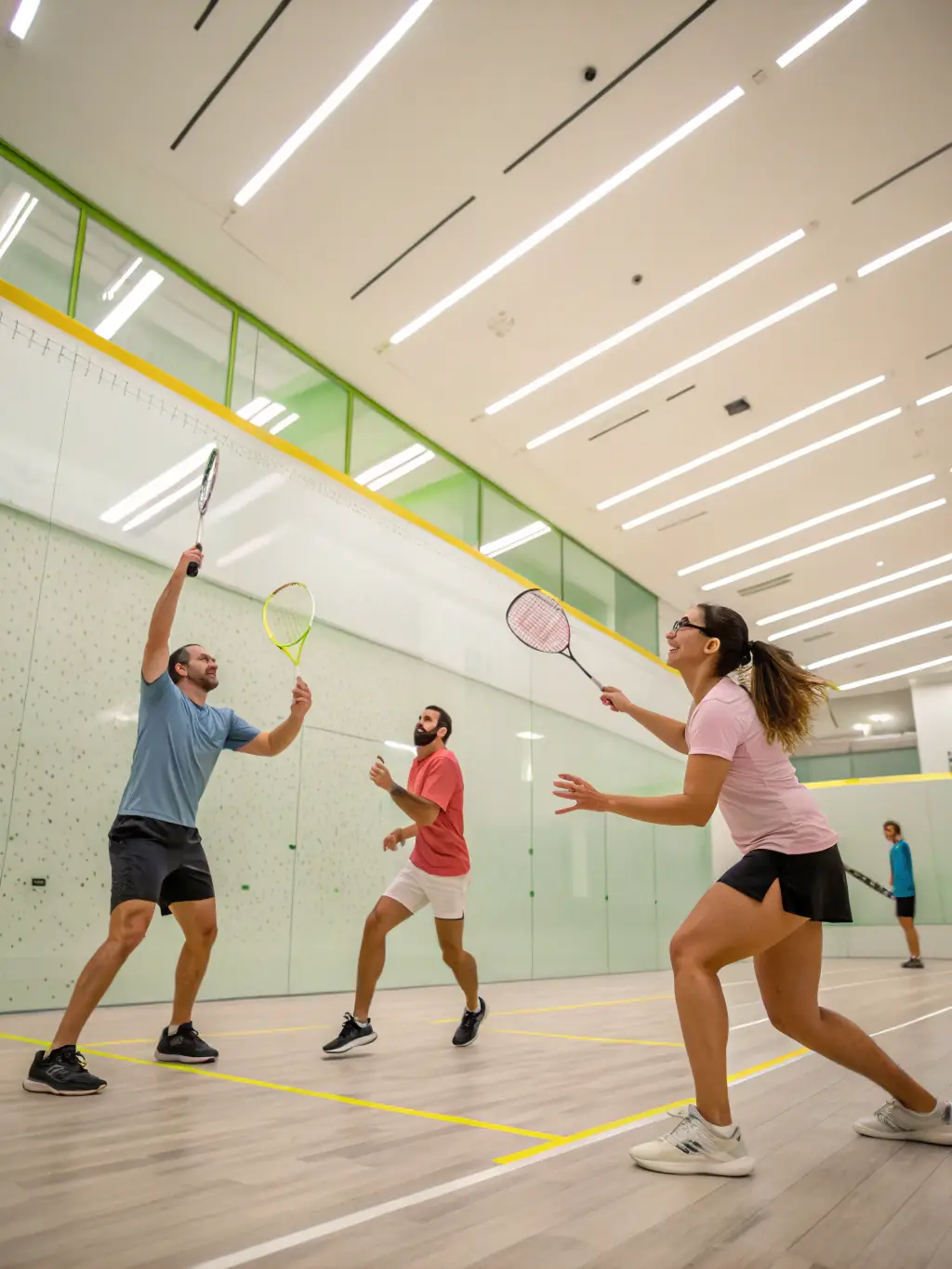 Adults participating in a badminton doubles match at Tennis Club de Houilles, showcasing the club's diverse badminton program.